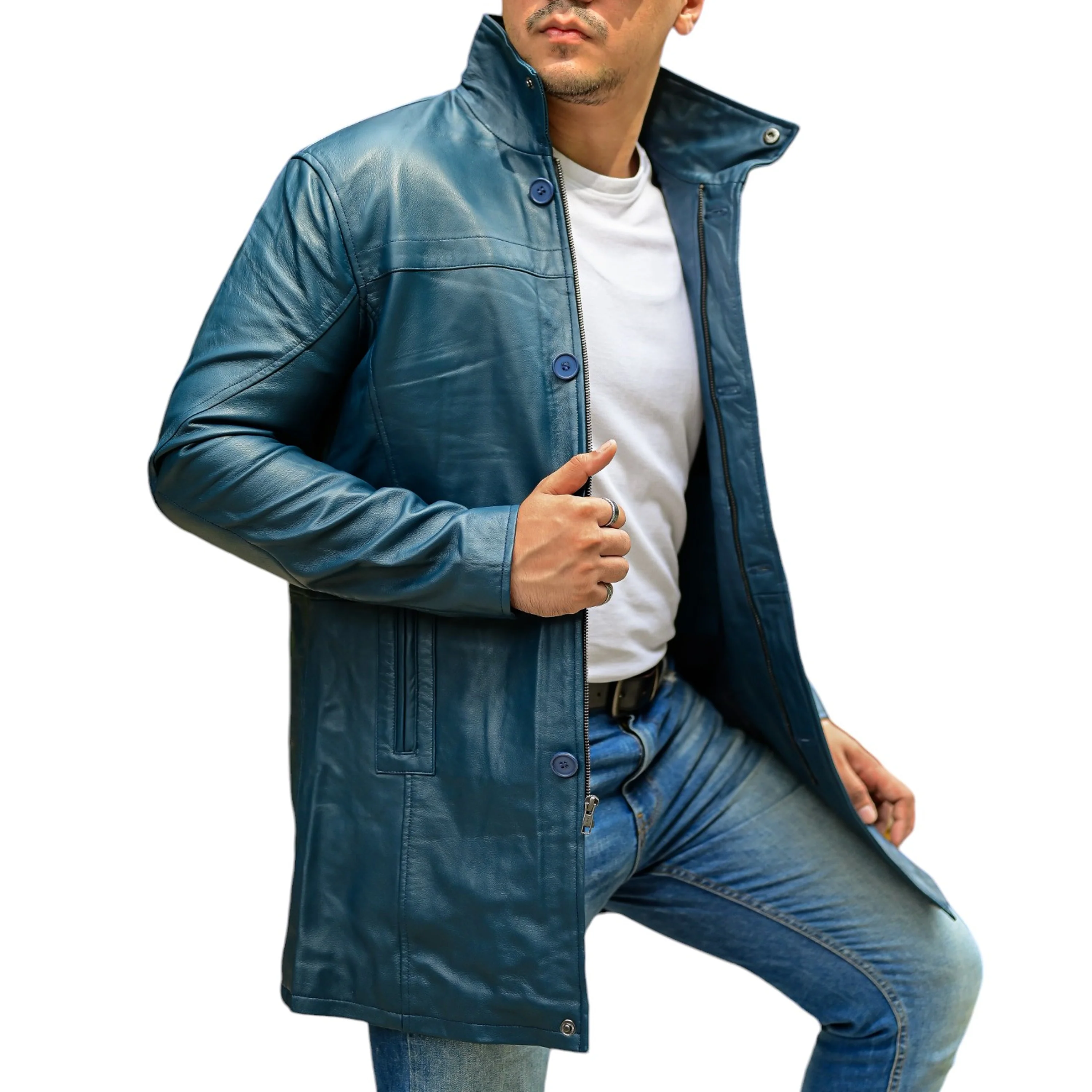 Jild 3/4 Length Blue Trench Leather Car Coats for Men